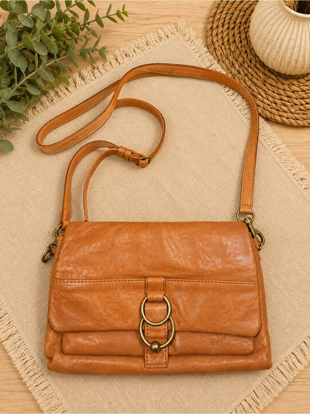 Tan Leather Crossbody Bag with Ring Detail